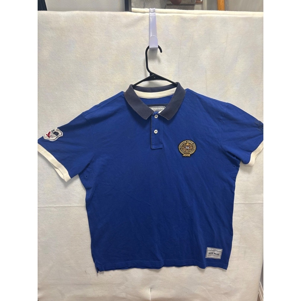 Eddie Bauer Blue Polo Shirt Embroidered Logos Mens Casual Short Sleeve Cotton Xl